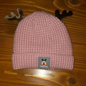 Lined Happy Baby pink baby hat with antlers